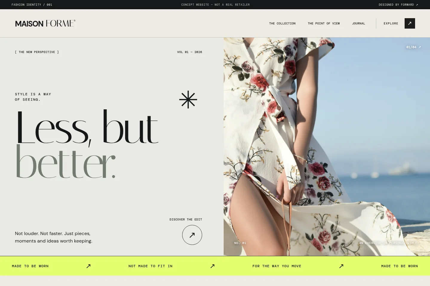 Full homepage design for Maison Forme, a fashion site with oversized editorial typography