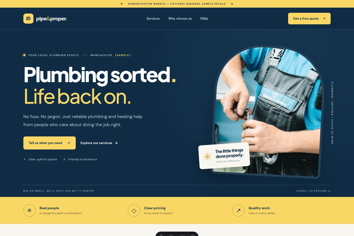 Full homepage design for Pipe and Proper plumbing, in confident navy and yellow